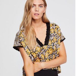 Free People Yellow Floral Lace-Trim V-Neck Blouse